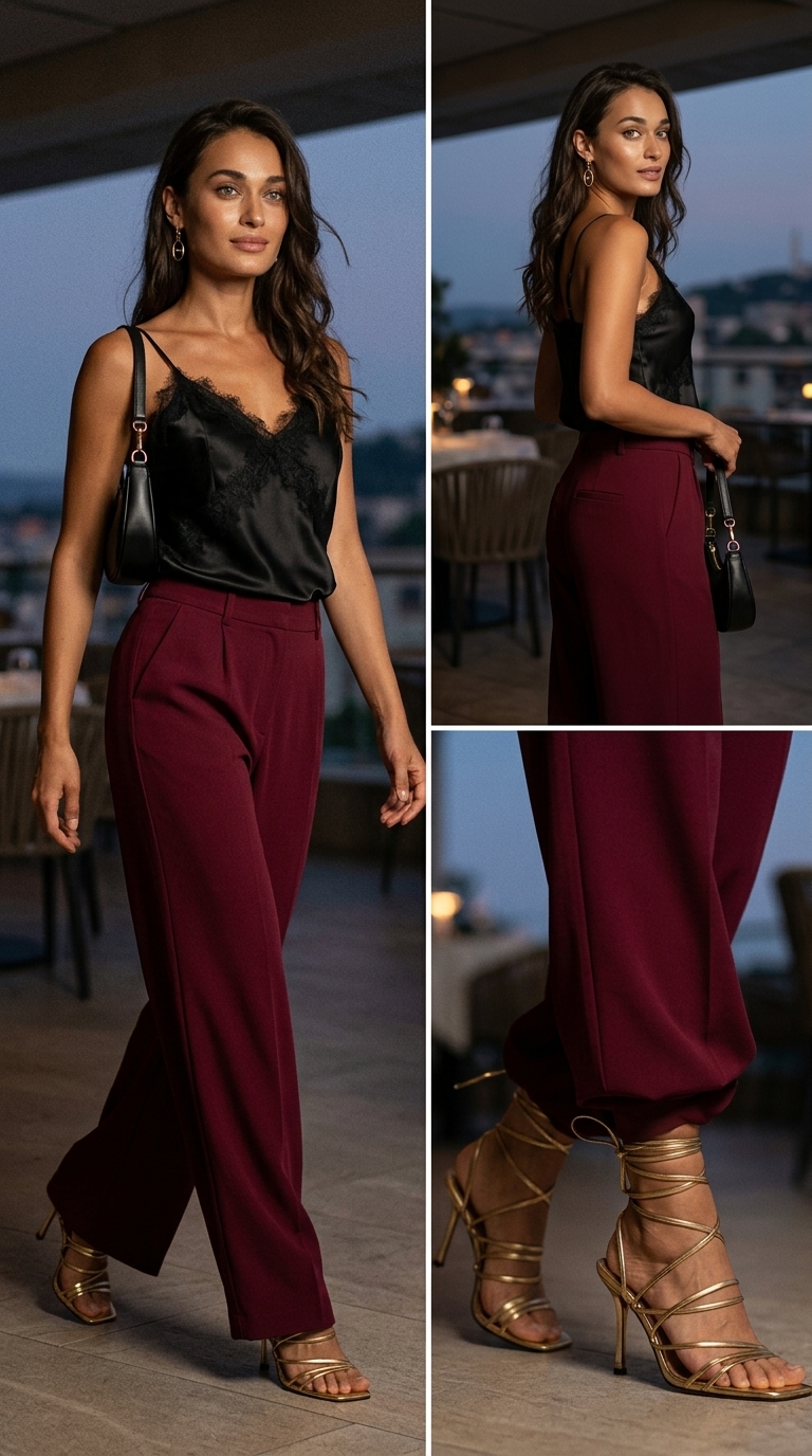 Чорна атласна майка з бордовими кюлотами для вечірнього коктейлю 2024