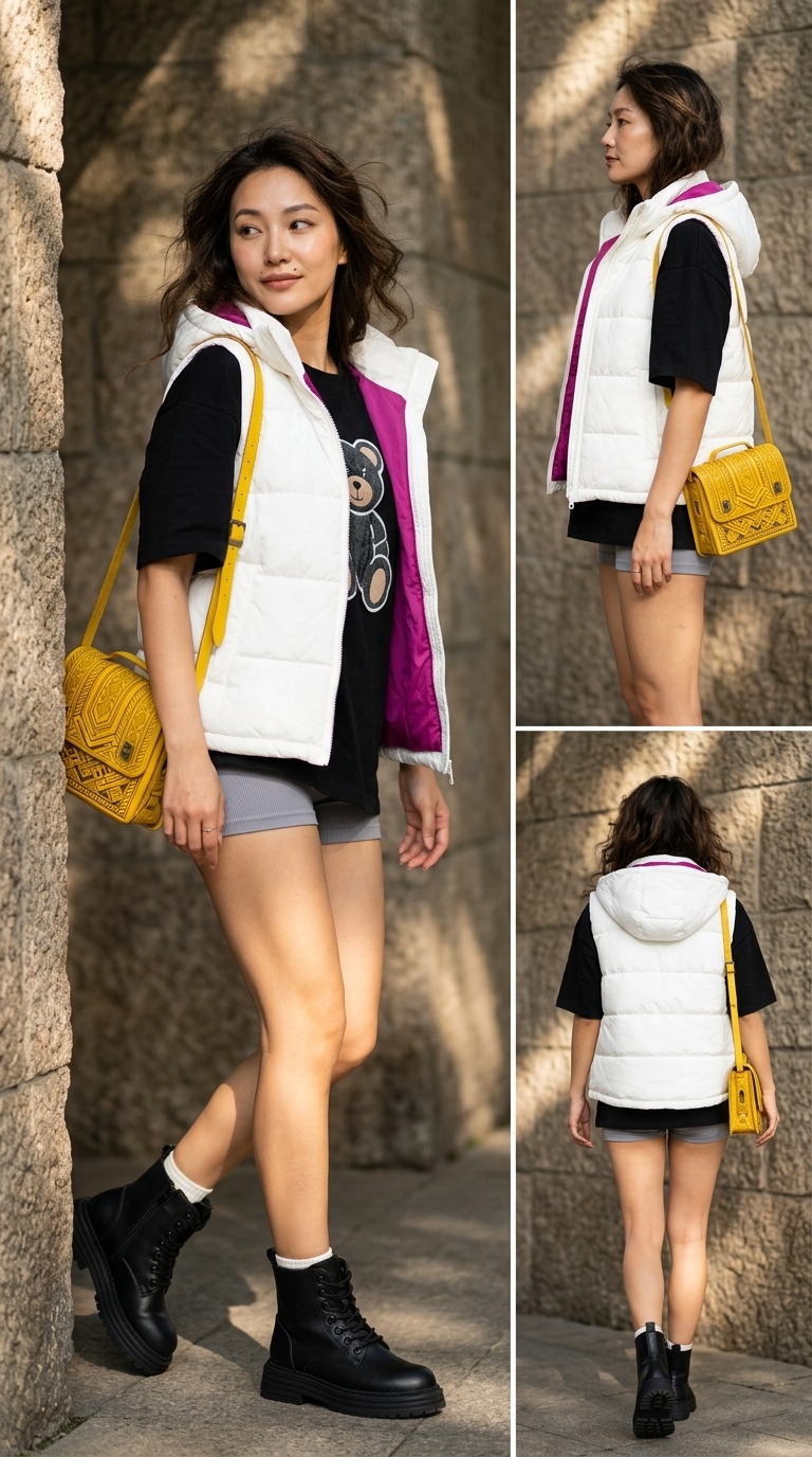 Авангардний образ з сірими асиметричними шортами для арт-простору. Креативний стиль 2024.