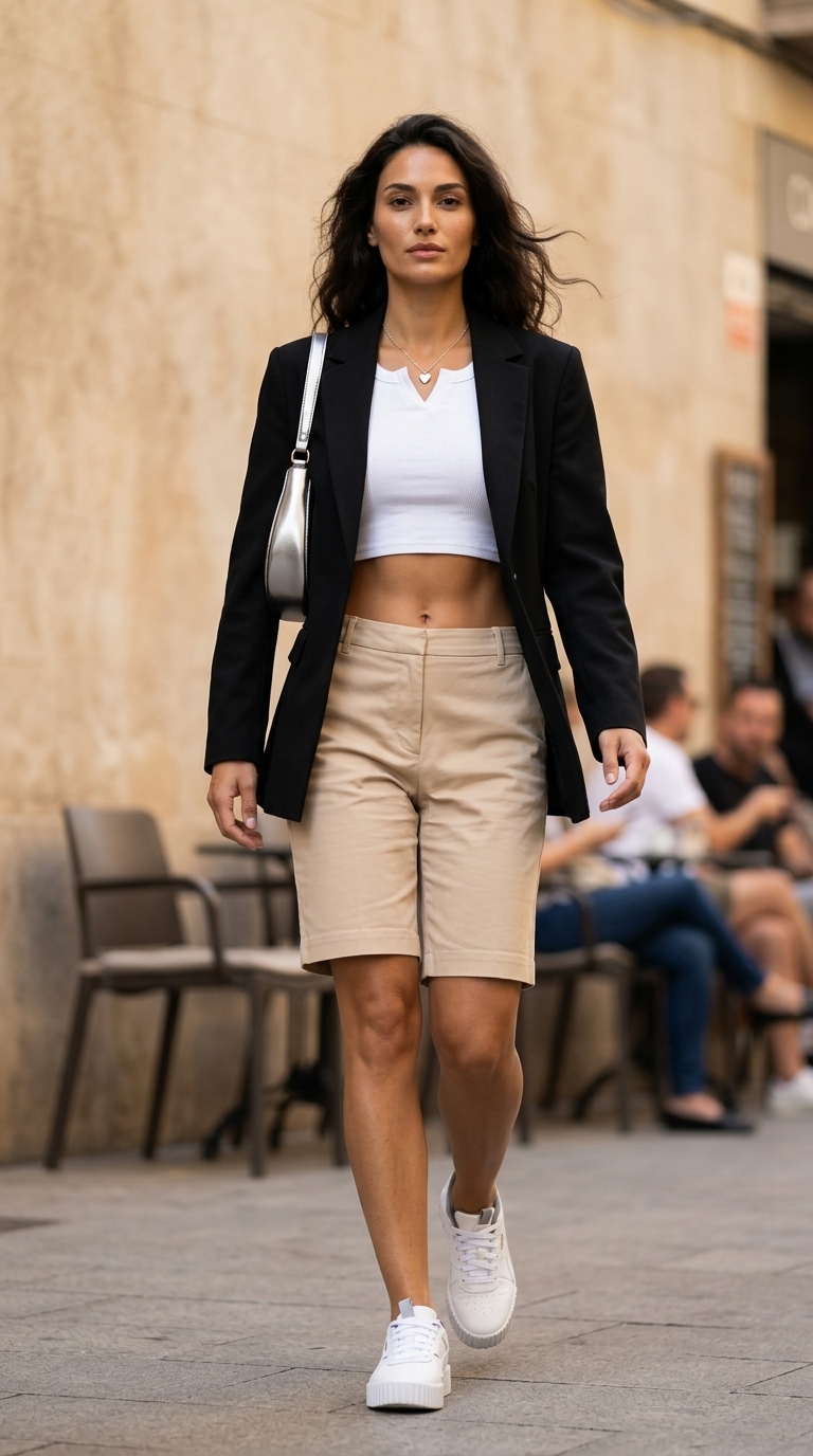 Сучасний міський шик з бежевими шортами-бермудами для повсякдення. Стиль 2024.