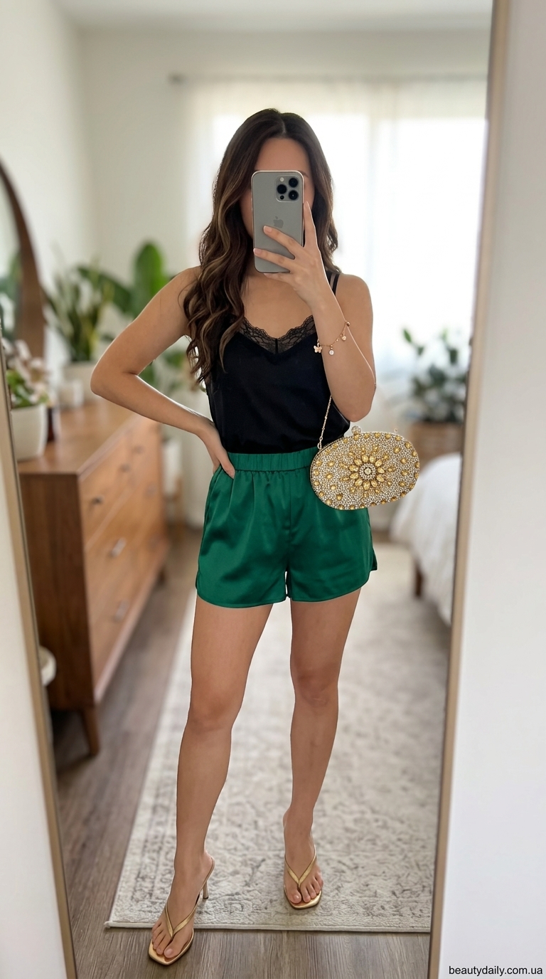 Розкішний смарагдовий атласний шорт сет для вечірнього виходу у Львові. Елегантний образ 2024.