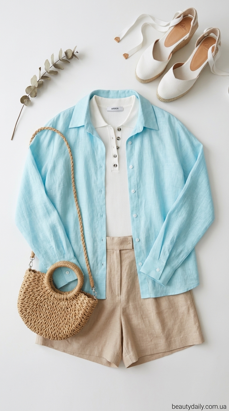 Легкий образ для прогулянки біля моря в Одесі з лляними шортами. Літній стиль 2024.