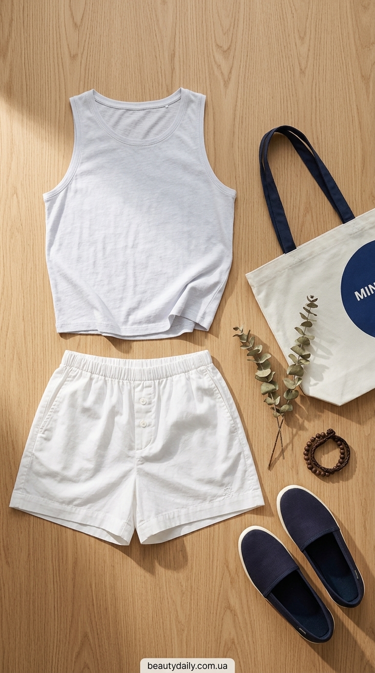 Майка в синьо-білу смужку з білими шортами для дачі 2024