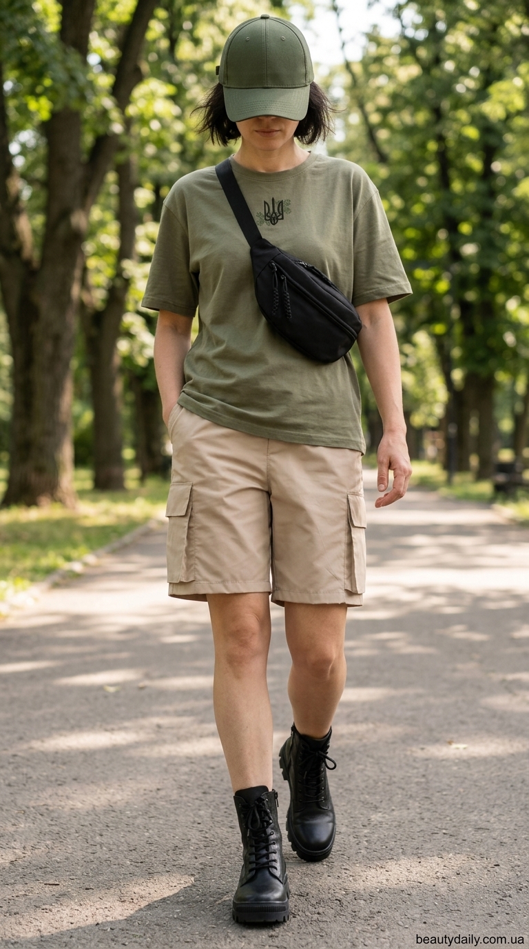 Майка кольору хакі з шортами карго для міського сафарі 2024