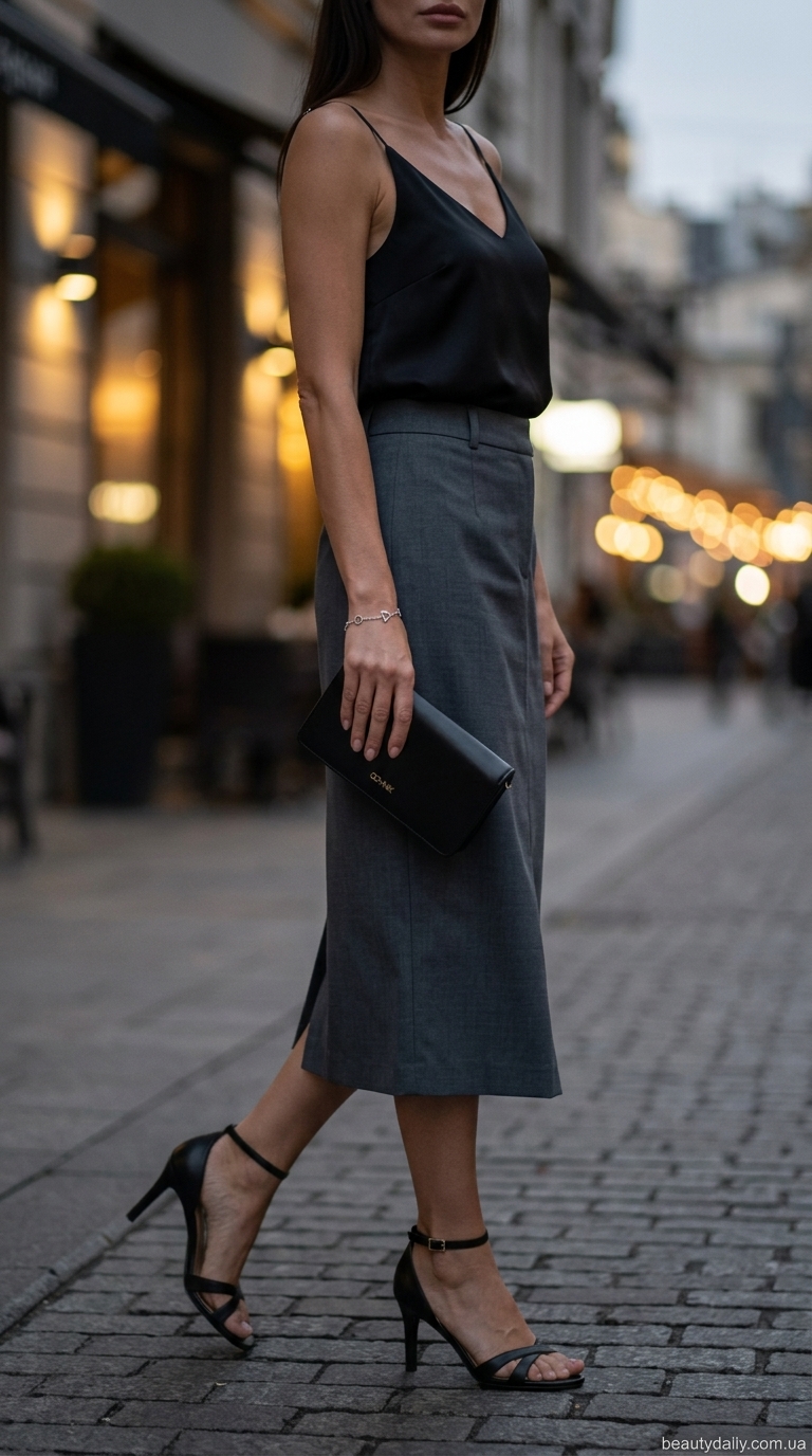 Чорна шовкова майка з атласною спідницею для вечірнього джазу 2024