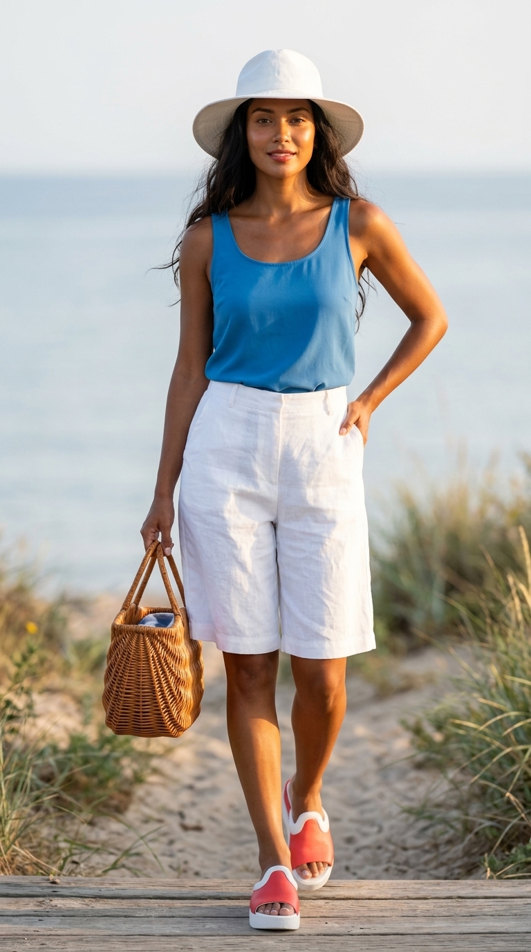 Яскраво-блакитна майка-алкоголічка з білими шортами для пляжу 2024