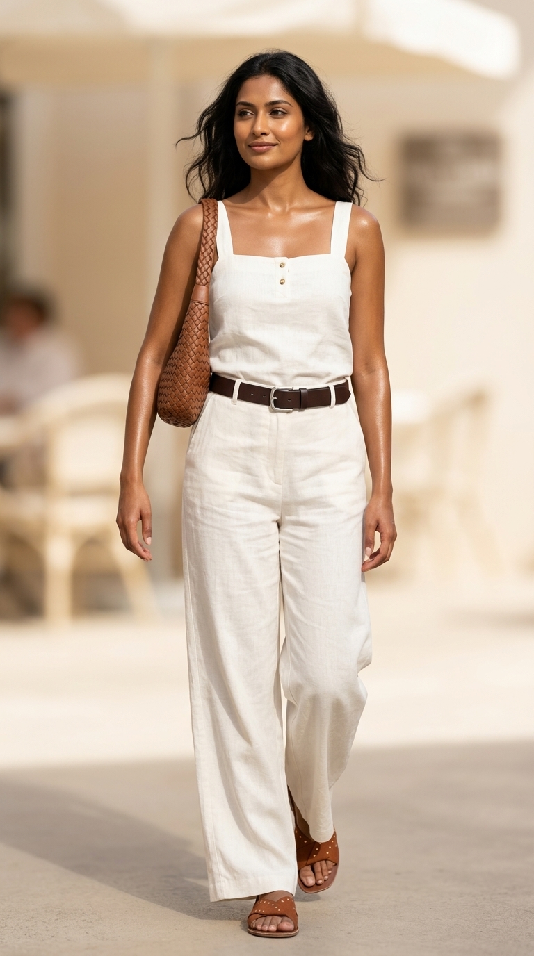 Біла майка з широкими брюками для літнього бранчу 2024