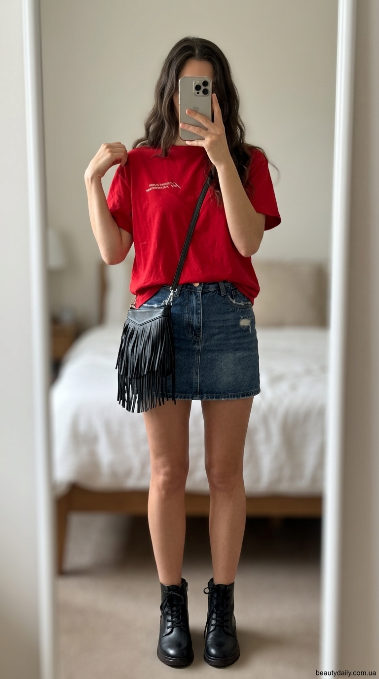 Майка з принтом та джинсовою спідницею для фестивалю 2024