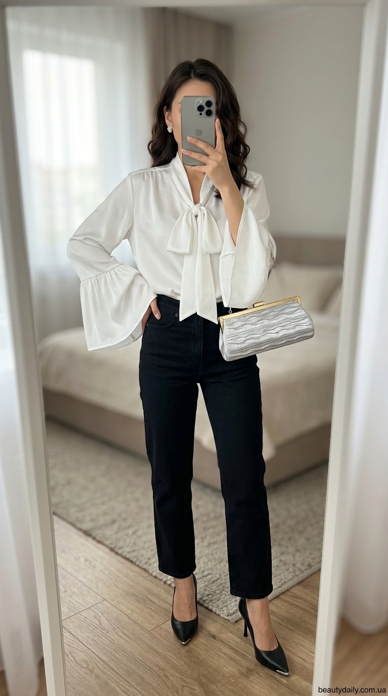 Чорні джинси з високою талією та білою атласною блузою для мінімалістичного вечора 2026.