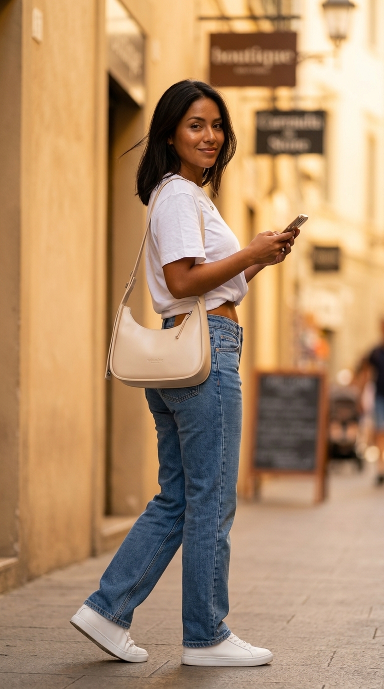 Стильні жіночі футболки: біла бавовняна футболка з джинсами для міського кежуалу.