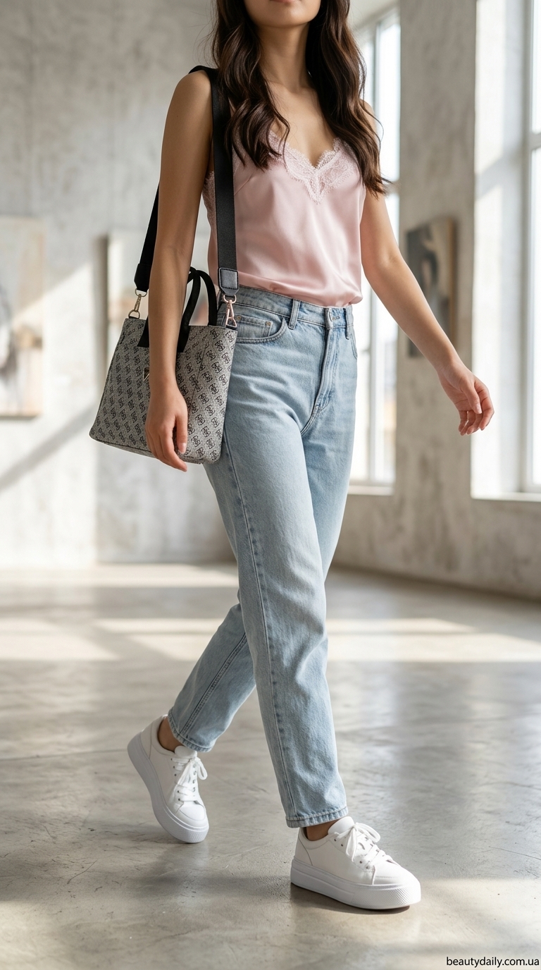 Шовкова майка з мереживом: сучасний образ для арт-галереї з джинсами та блейзером.