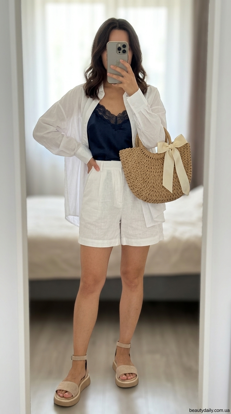 Шовкова майка з мереживом: легкий літній образ з лляними шортами та сандалями.