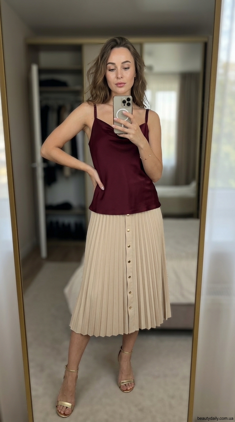 Шовкова майка з мереживом: вишуканий образ для бранчу з плісированою спідницею та босоніжками.