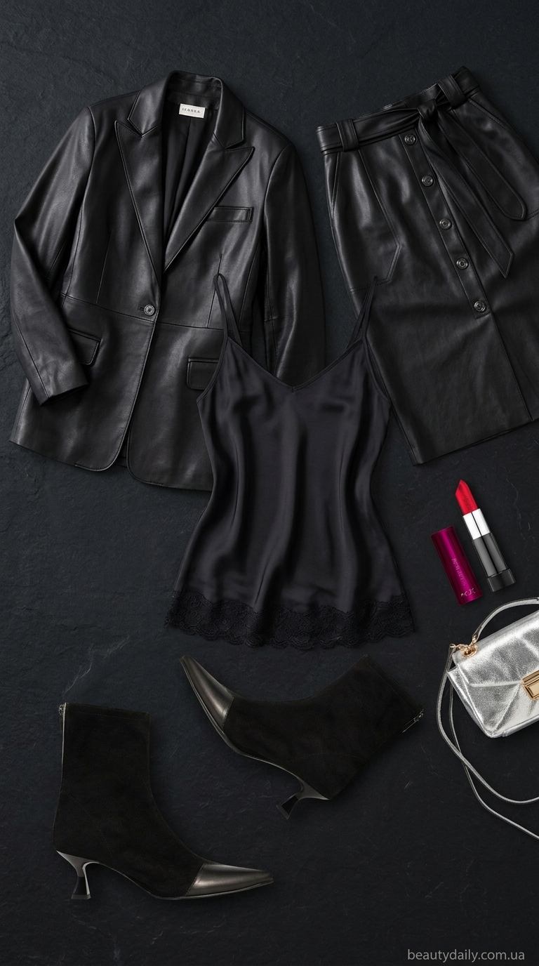 Шовкова майка з мереживом: спокусливий вечірній образ з шкіряною спідницею та блейзером.