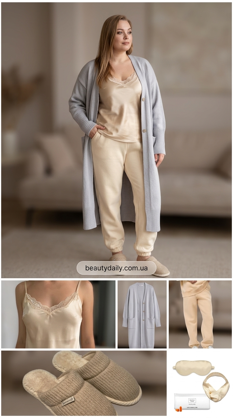 Шовкова майка з мереживом: затишний домашній образ з кашеміровими штанами та кардиганом.