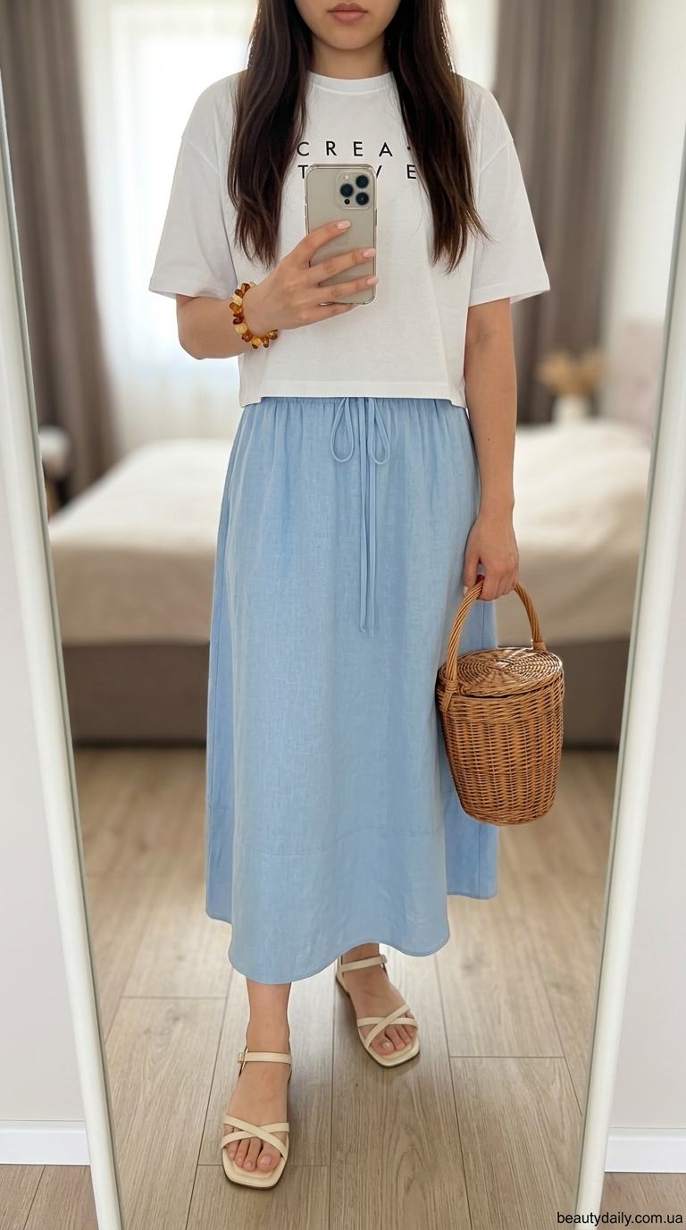 Еко-шик образ: білий кроп-топ з вишивкою та блакитною спідницею міді з льону 2026.
