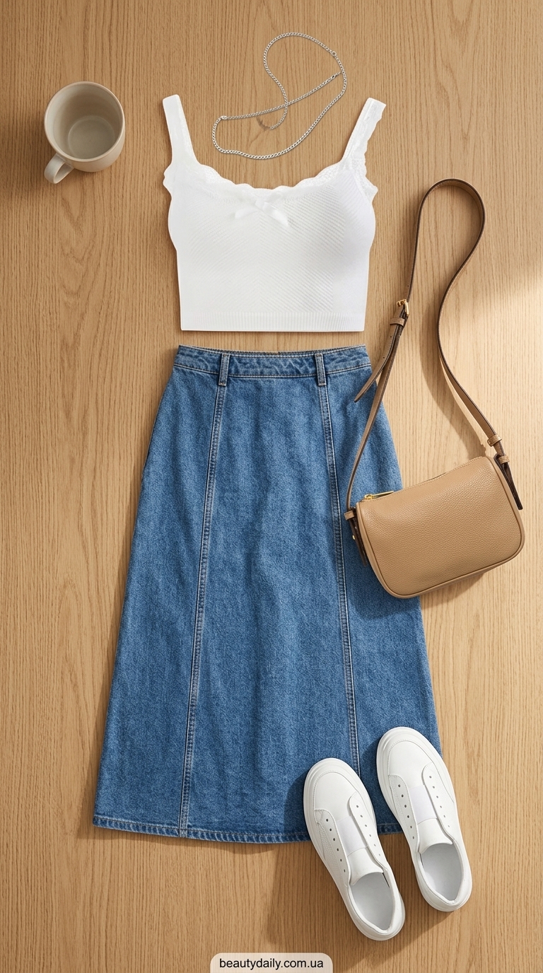 Білий кроп-топ з джинсовою спідницею міді та білими кедами для повсякденного образу 2026.