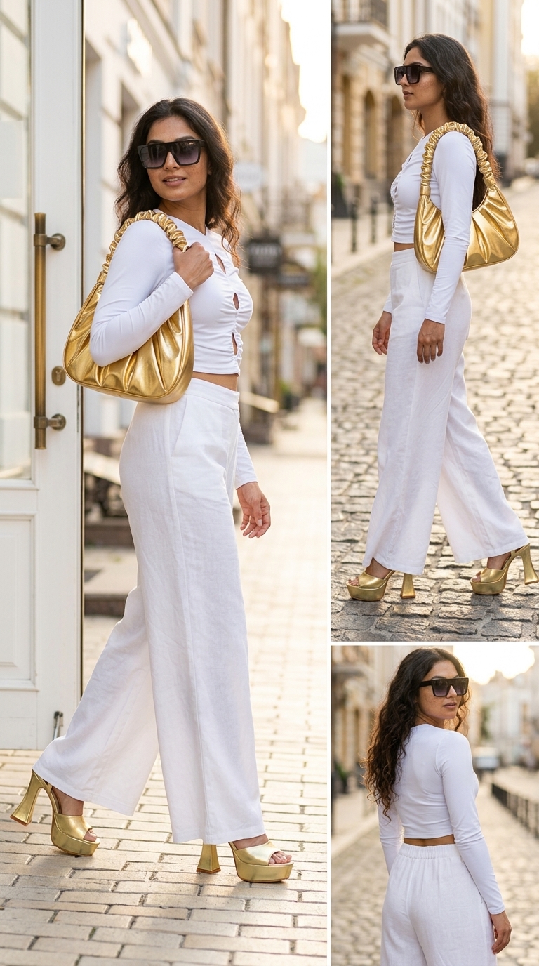 Мінімалістичний образ: білий кроп-топ з льону з білими штанами палаццо та золотими аксесуарами 2026.