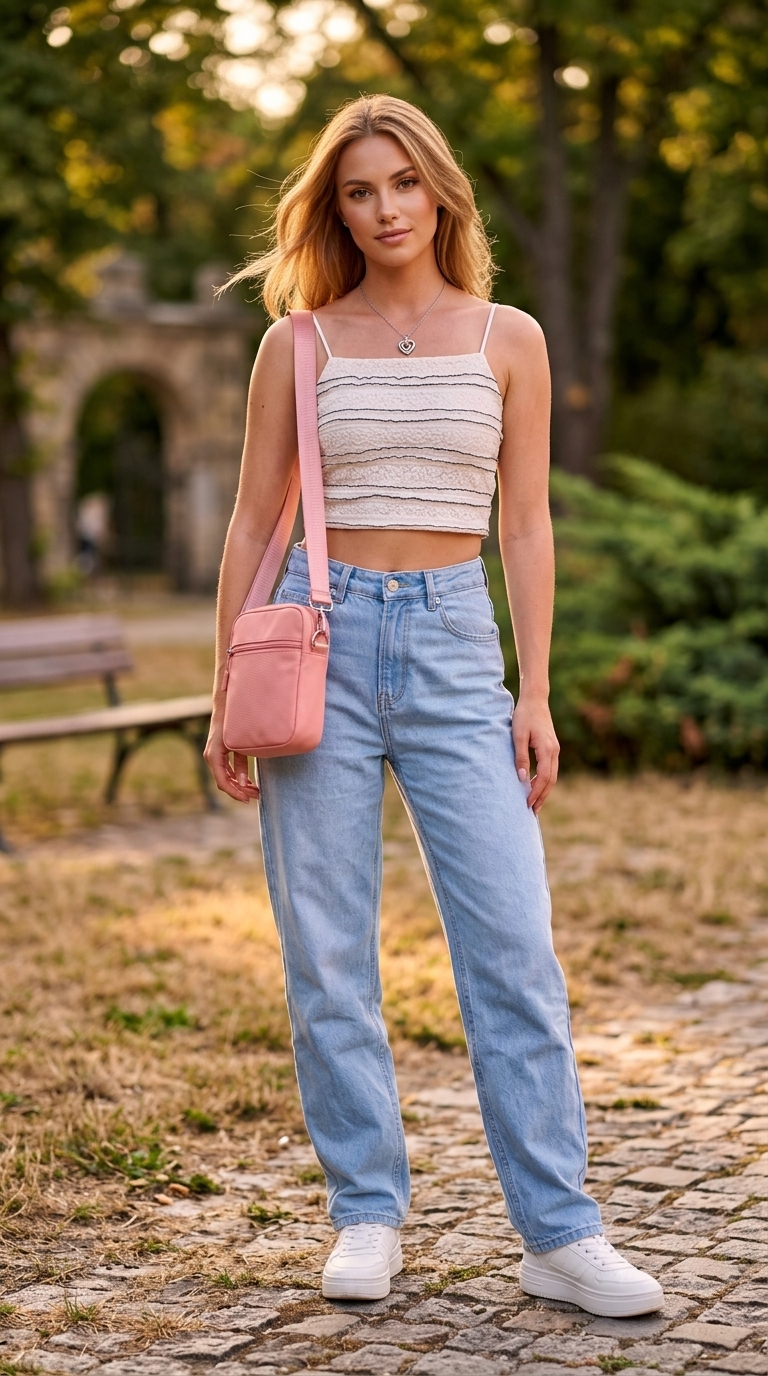 Молодіжний образ: білий кроп-топ з джинсами Mom fit та рожевою сумкою-багет 2026.