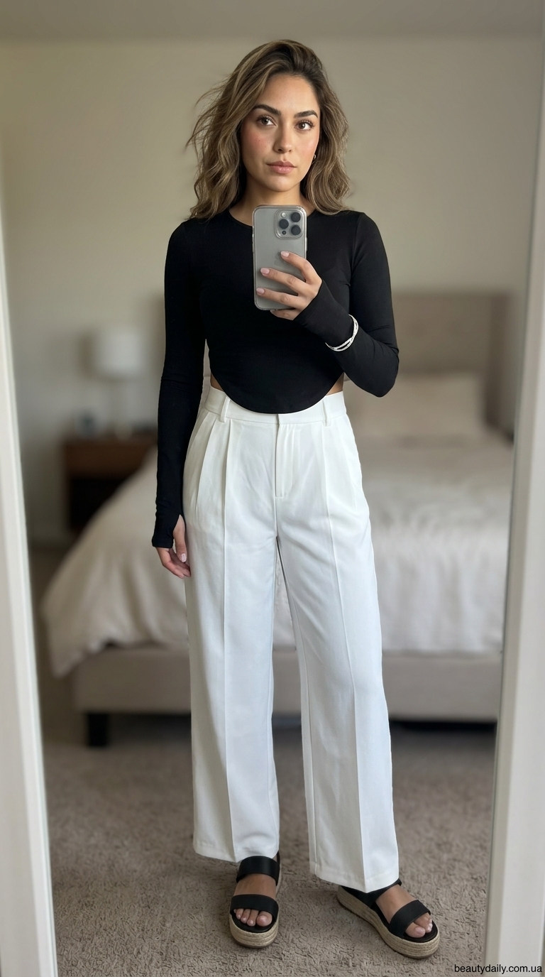 Мінімалістичний образ: чорний топ з вирізом для пальця, штани палаццо, сандалі. Тренд 2026.