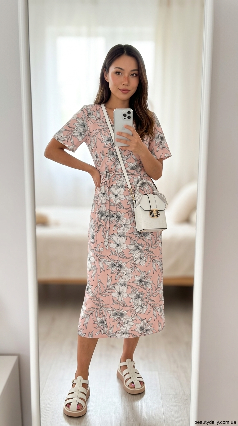 Найкращі літні сукні 2026 року: рожева квіткова сукня міді, кремові босоніжки, біла сумка для бранчу.