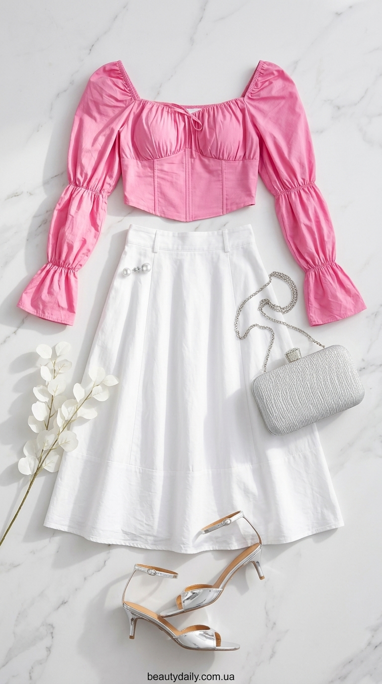 Романтичний образ: пудрово-рожевий топ з вирізом для пальця, плісована спідниця, перли. Тренд 2026.