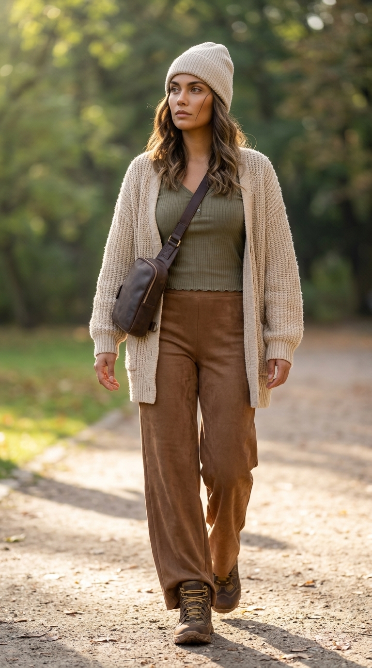 Затишний осінній образ: кремовий топ з вирізом для пальця, штани з еко-замші, кардиган. Тренд 2026.