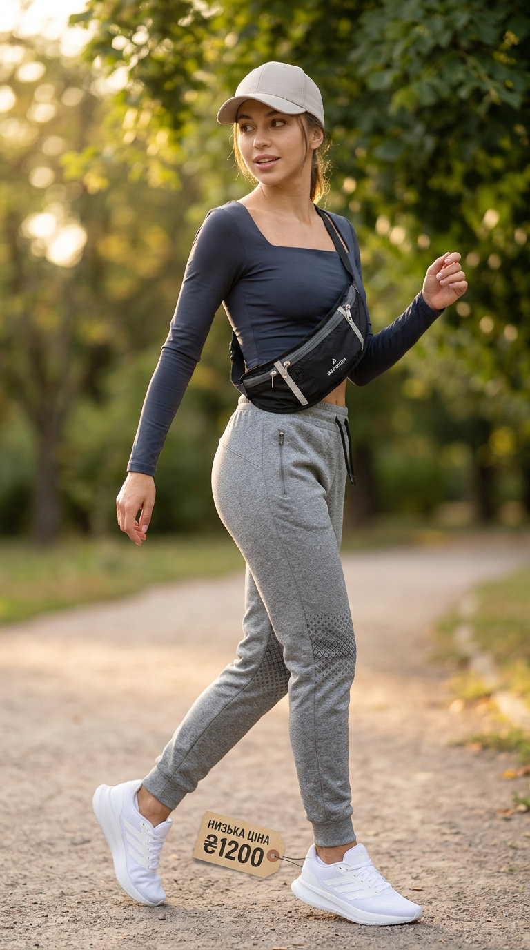 Спортивний образ: сірий топ з довгим рукавом та вирізом для пальця, джогери, кросівки. Тренд 2026.