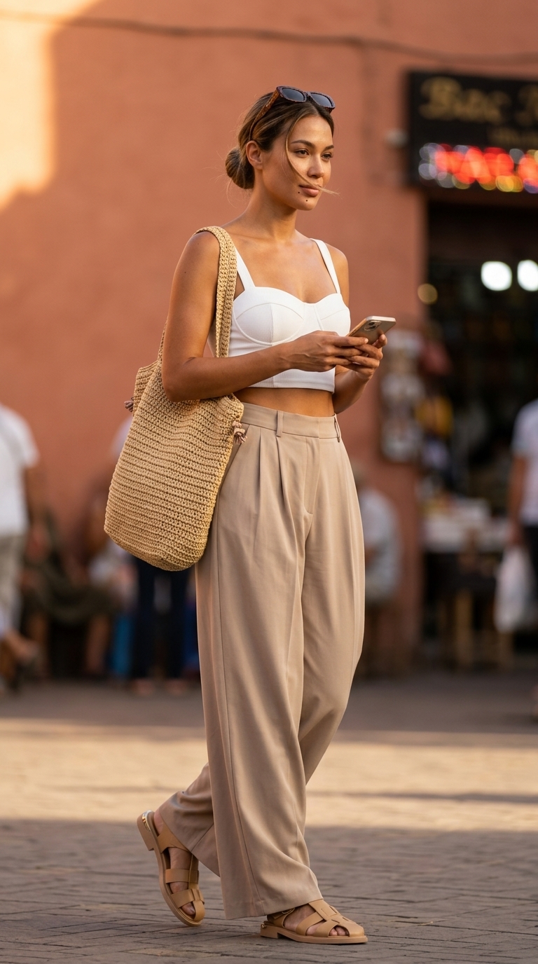 Білий кроп-топ з чашками та пісочні штани для літньої прогулянки 2026