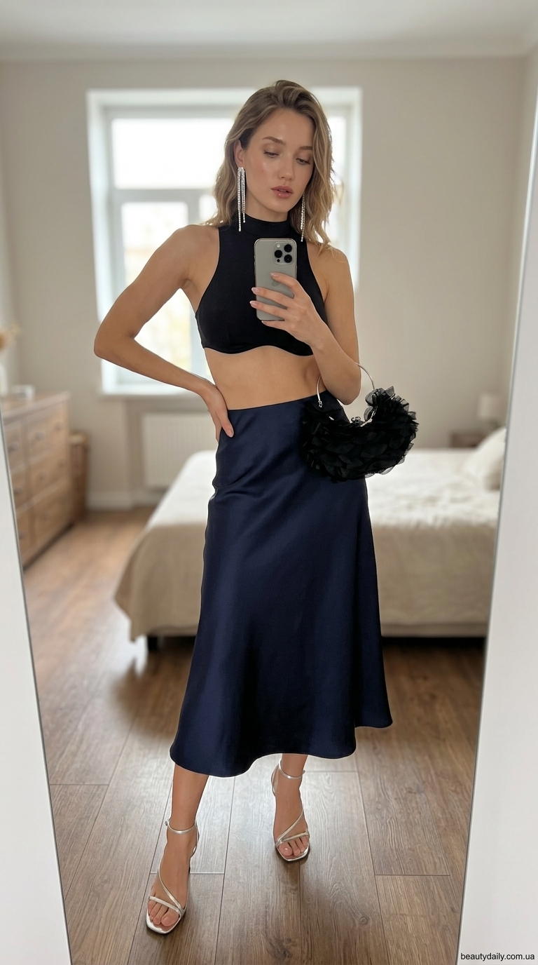 Чорний кроп-топ з чашками та атласна спідниця для гала-вечора 2026