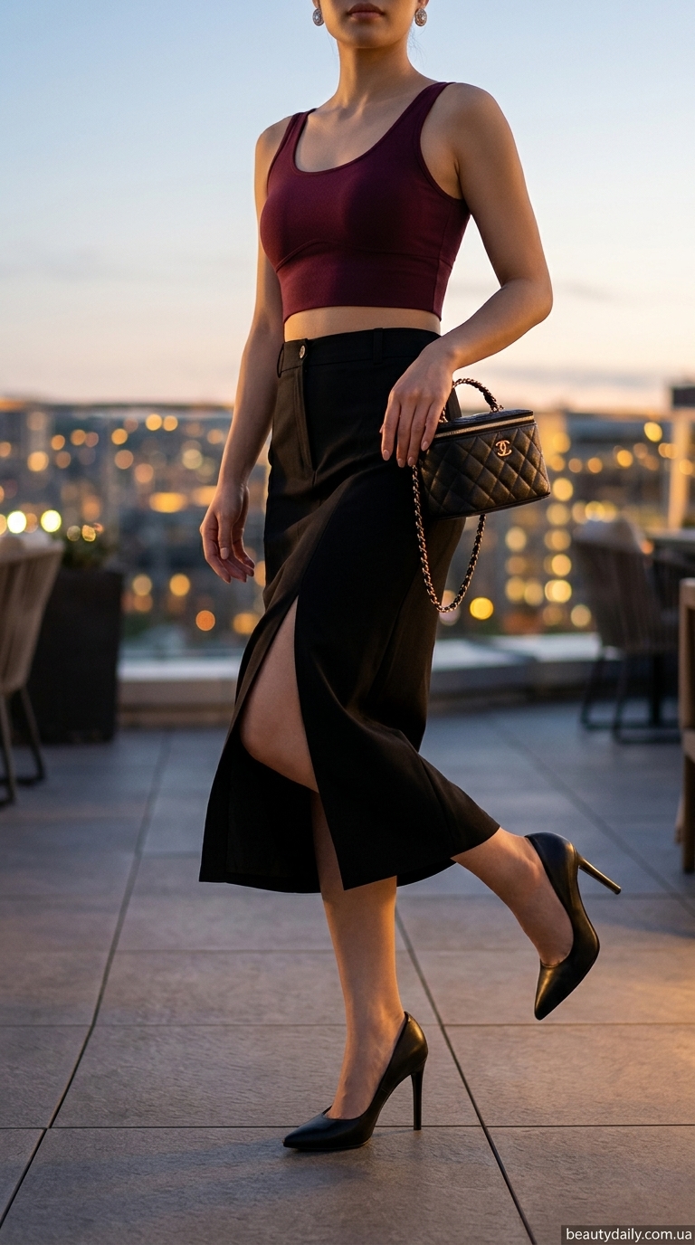 Бордовий кроп-топ з чашками та чорна спідниця-олівець для вечора 2026