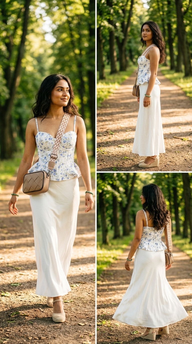 Квітковий кроп-топ з чашками та біла спідниця максі для літньої вечірки 2026