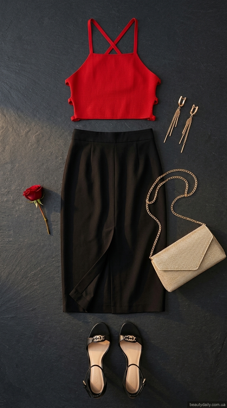 Червоний кроп-топ з чашками та чорна спідниця для вечірки 2026