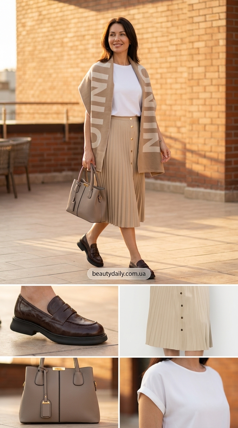 Модні літні спідниці 2026: бежева плісирована спідниця міді з білою футболкою та лоферами.