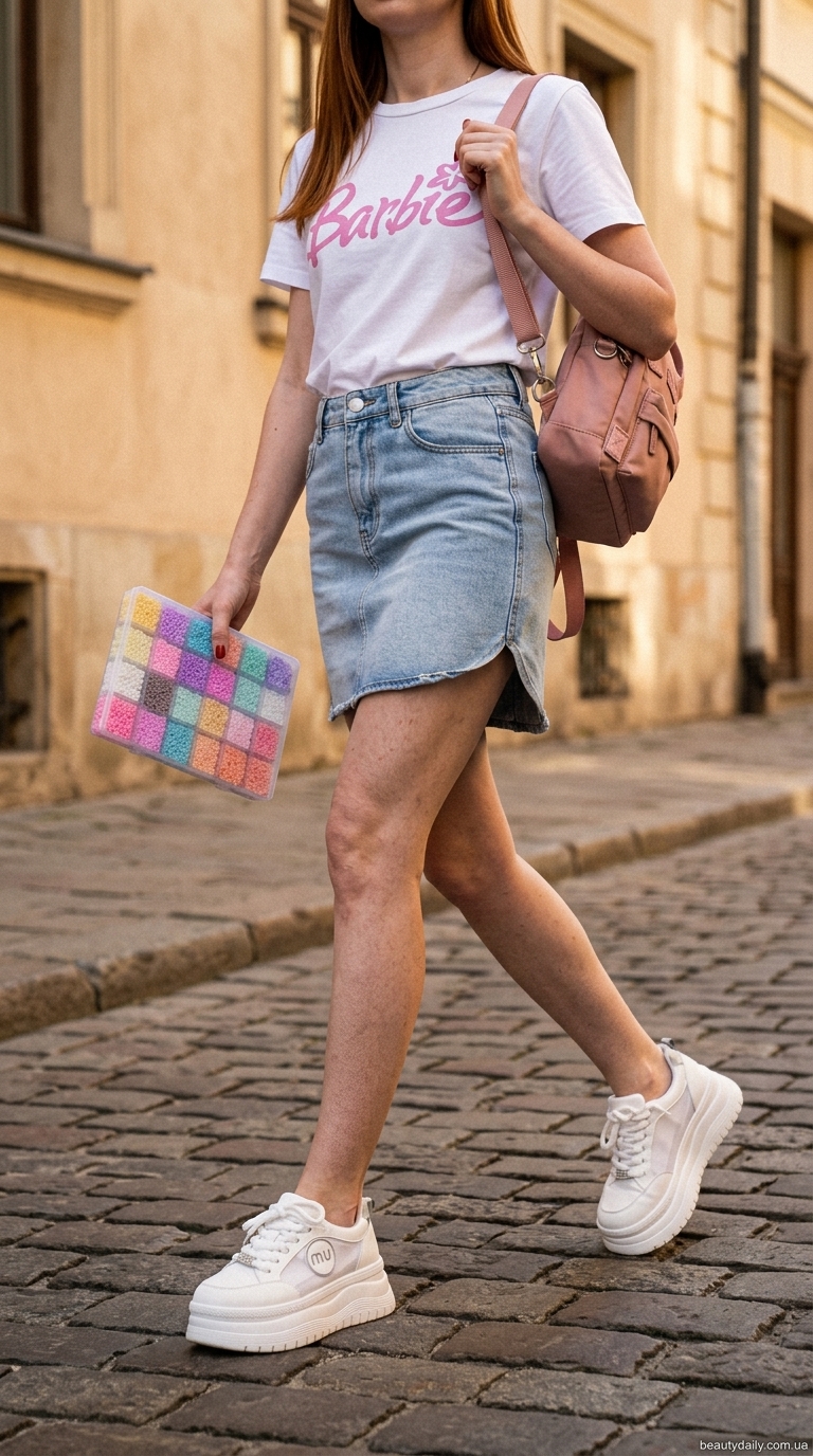 Модні літні спідниці 2026: денім міні-спідниця з білою футболкою оверсайз та кедами.