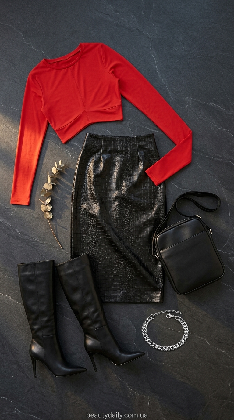 Модні літні спідниці 2026: чорна спідниця міді з еко-шкіри з червоним топом для вечірки.