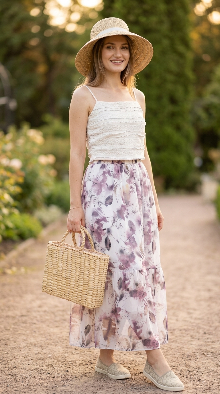 Модні літні спідниці 2026: льняна максі-спідниця з квітковим принтом та білим кроп-топом.