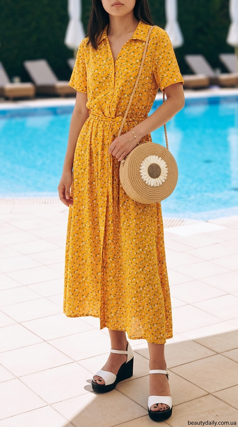 Найкращі літні сукні 2026 року: жовта сукня-сарафан, білі босоніжки, плетена сумка для обіду.
