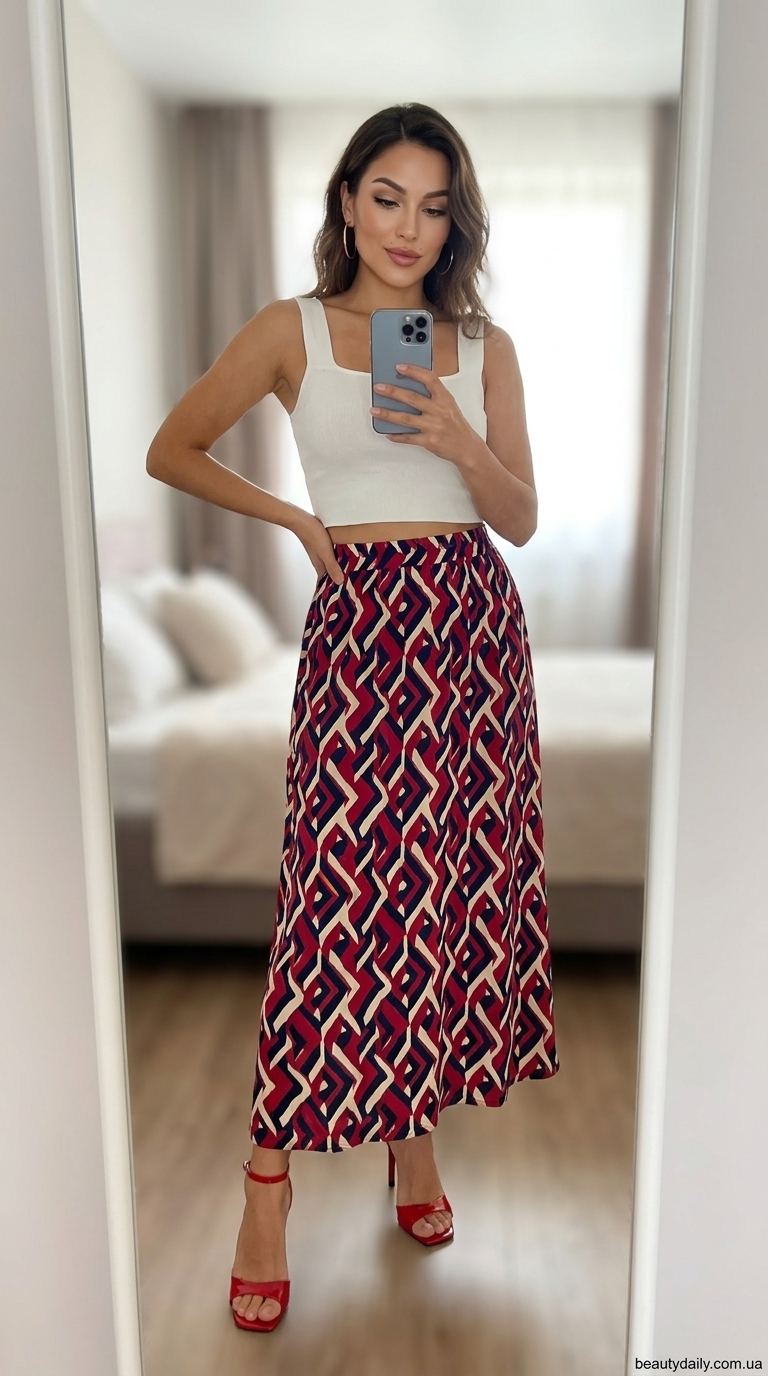 Модні літні спідниці 2026: шовкова максі-спідниця з квітковим принтом та червоними босоніжками.