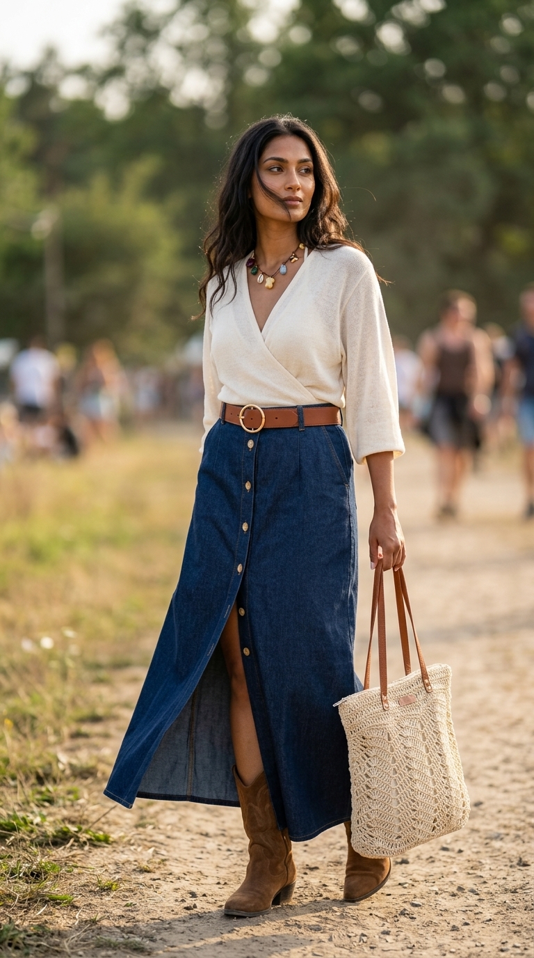 Модні літні спідниці 2026: денім максі-спідниця з розрізом та кремовим в'язаним топом.