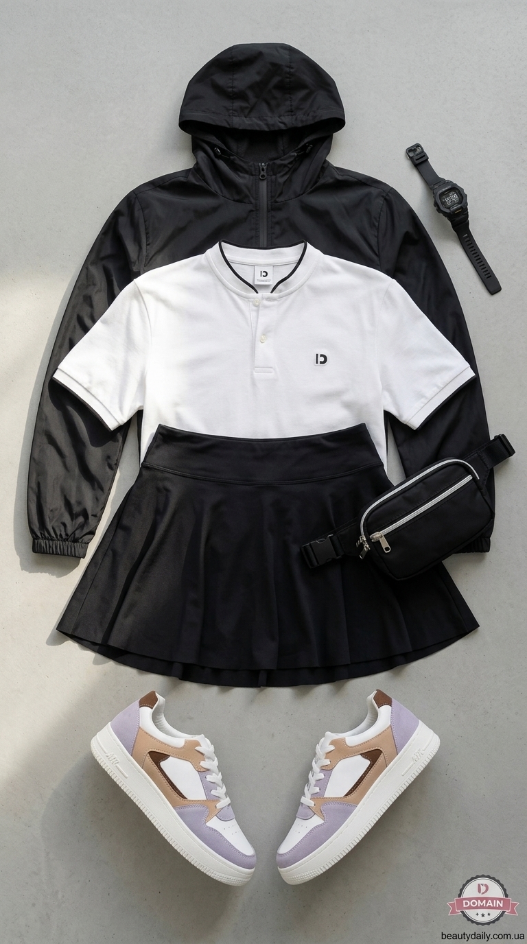 Спортивний образ: сіра спідниця-шорти, біла футболка-поло, вітровка та кросівки для активного відпочинку. Стильні літні ідеї 2026.
