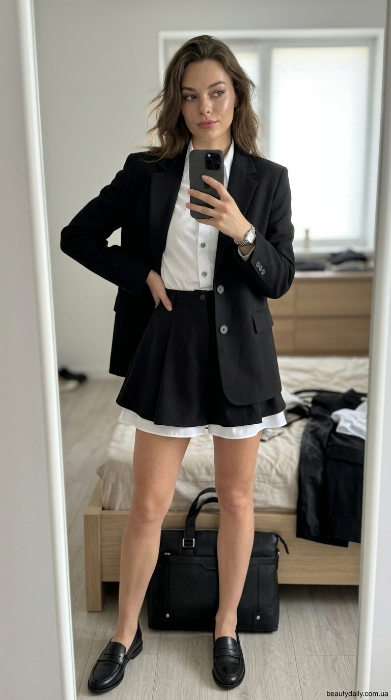 Класичний образ: сіра спідниця-шорти в клітинку, біла сорочка, чорний блейзер та лофери для ділової зустрічі. Стильні літні ідеї 2026.