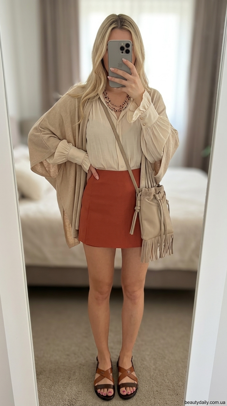 Богемний образ: теракотова спідниця-шорти з вишивкою, бежевий кардиган та сандалі для фестивалю. Стильні літні ідеї 2026.