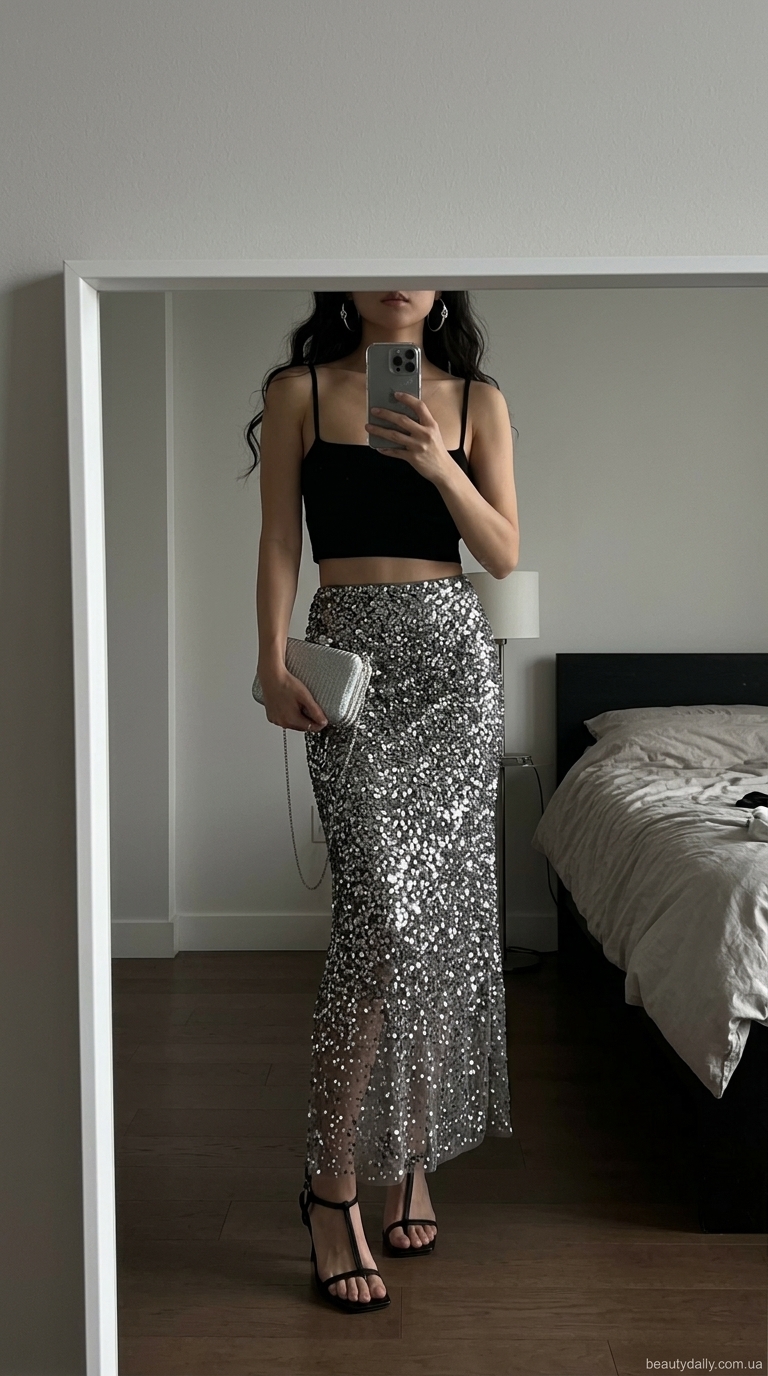 Ефектний образ з металевою атласною спідницею міді та чорним топом-бандо. Тренди спідниць травня 2026.