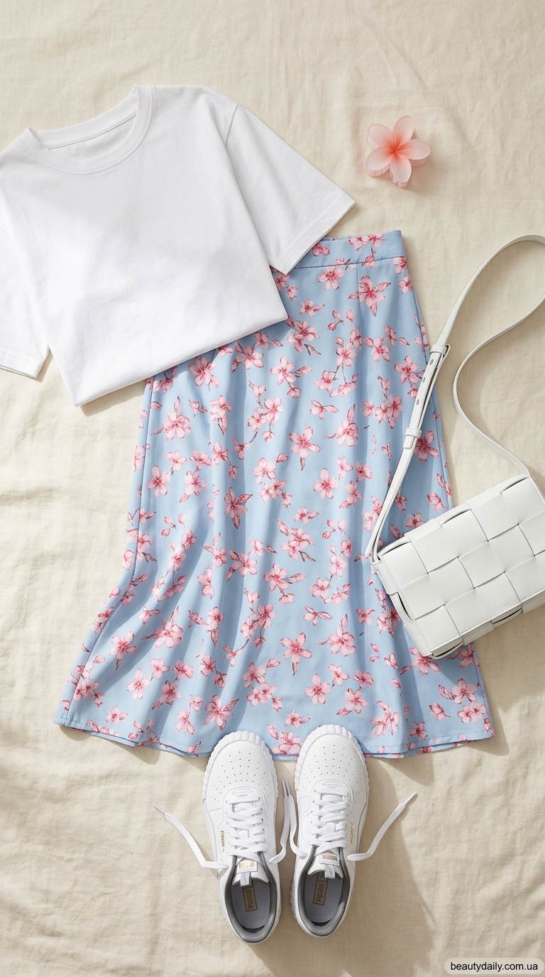 Романтичний образ з блакитною спідницею міні з квітковим принтом та білою футболкою. Тренди спідниць травня 2026.