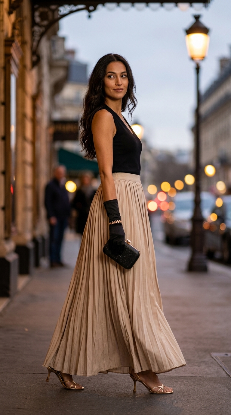 Елегантний вечірній образ з плісированою спідницею максі кольору шампань та чорним топом. Тренди спідниць травня 2026.