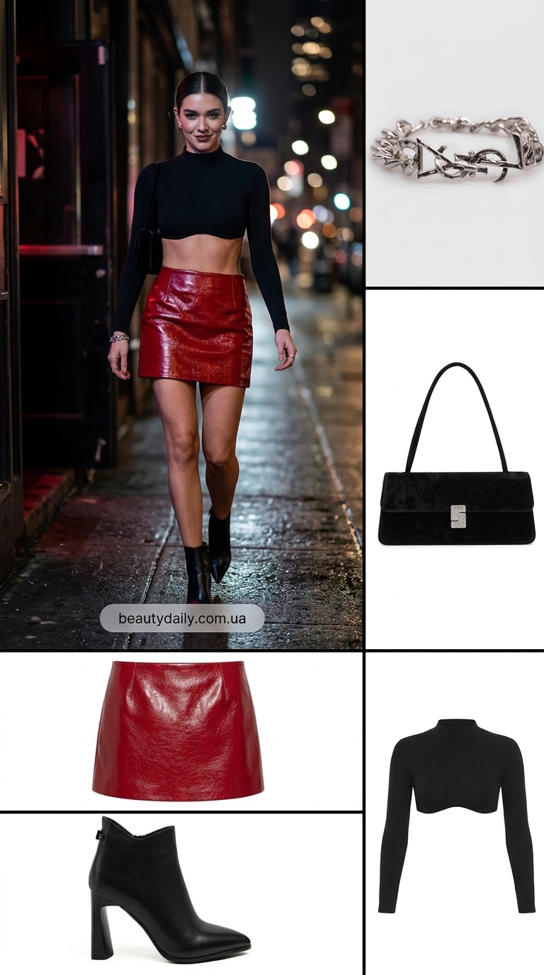 Сміливий образ з червоною шкіряною спідницею міні та чорним кроп-топом. Тренди спідниць травня 2026.