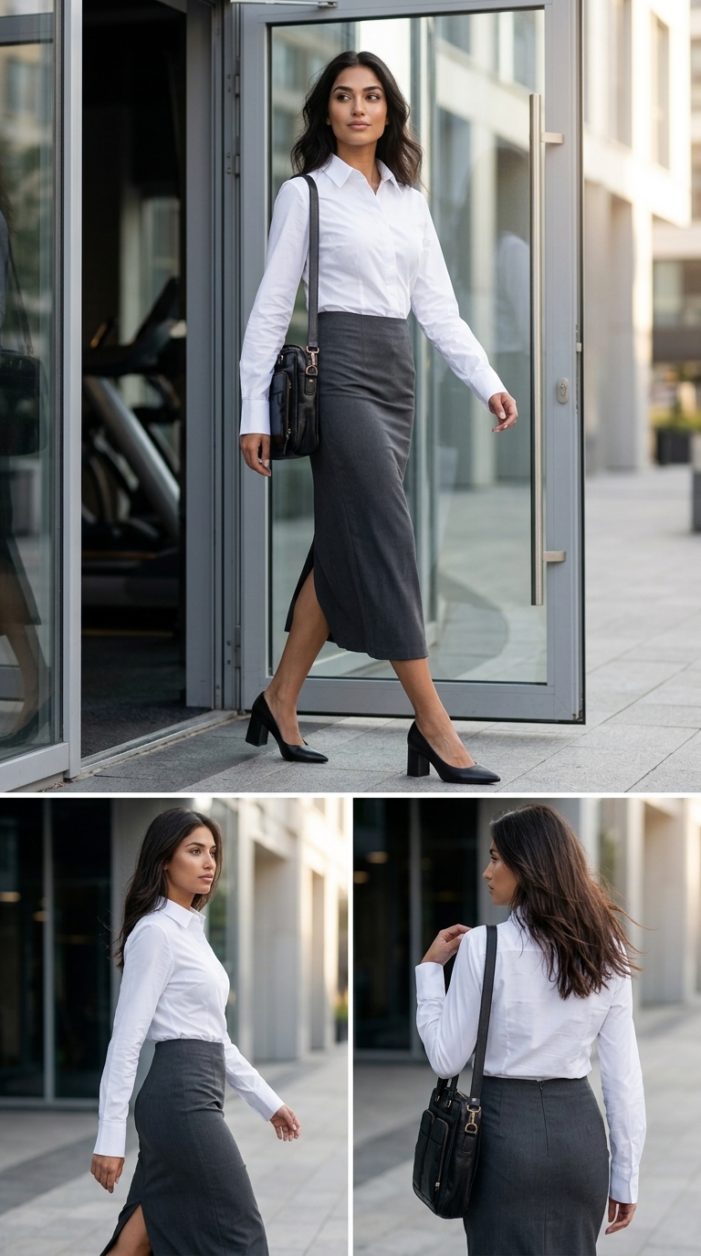 Класичний діловий образ з темно-сірою спідницею-олівцем до коліна та білою сорочкою. Тренди спідниць травня 2026.