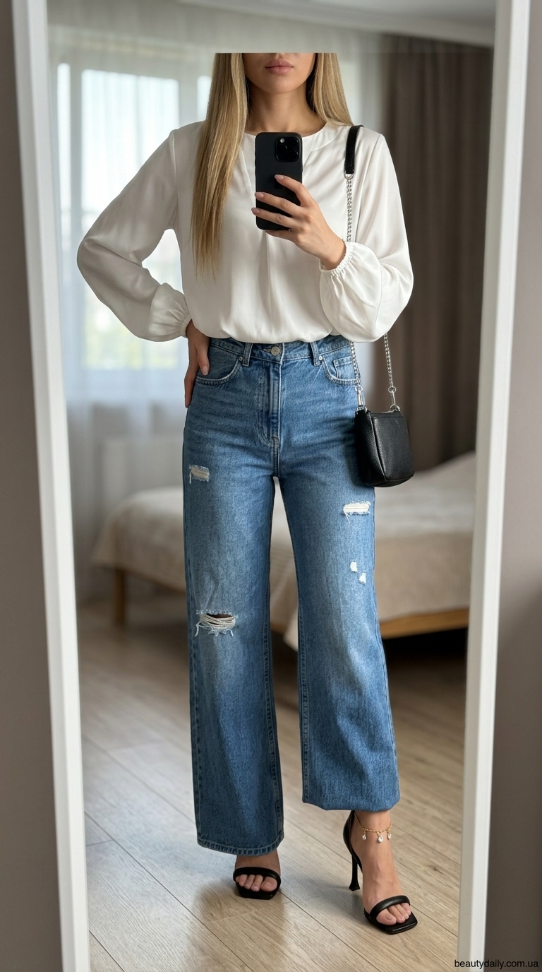 Елегантний образ з рваними джинсами 2026: блакитний денім, біла блуза, чорні босоніжки, кросбоді.