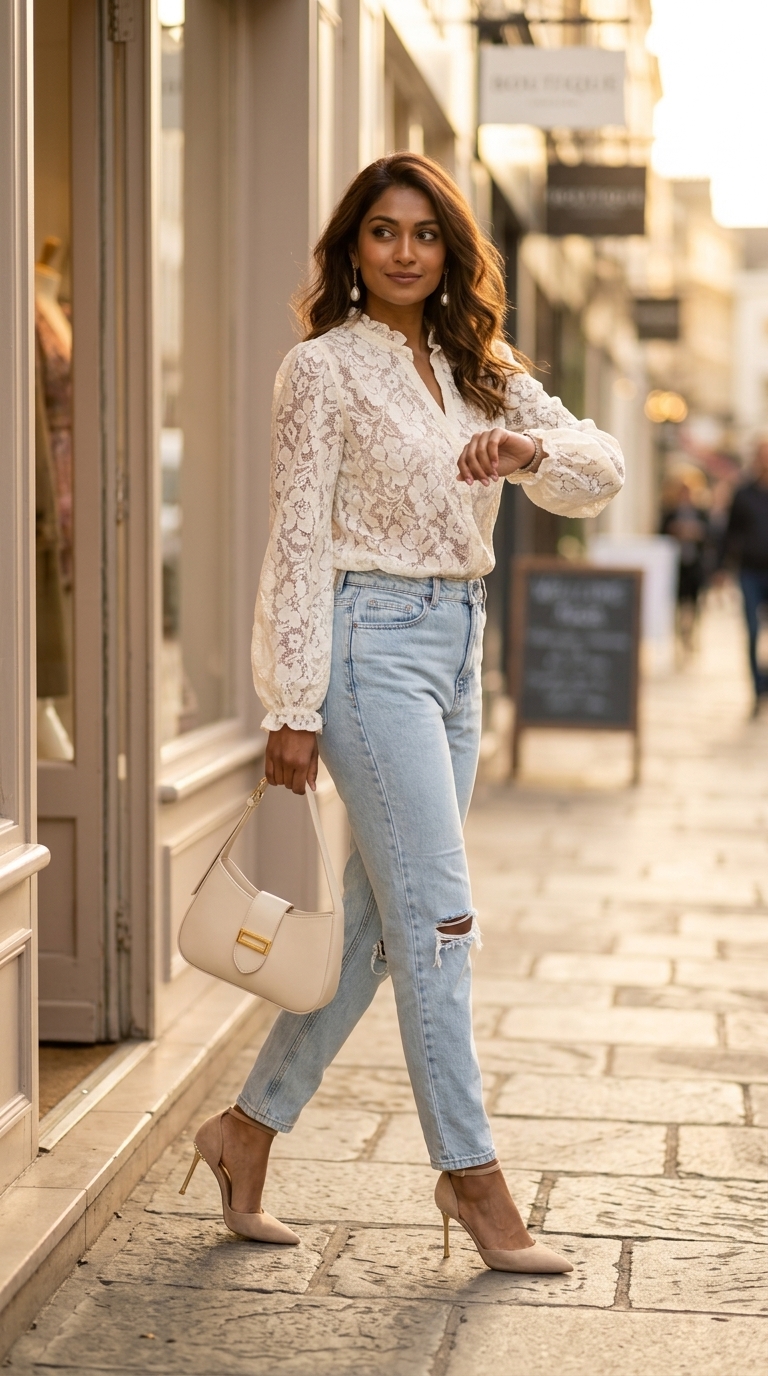 Романтичний образ з рваними джинсами 2026: світло-блакитний денім, квіткова блуза, бежеві човники.