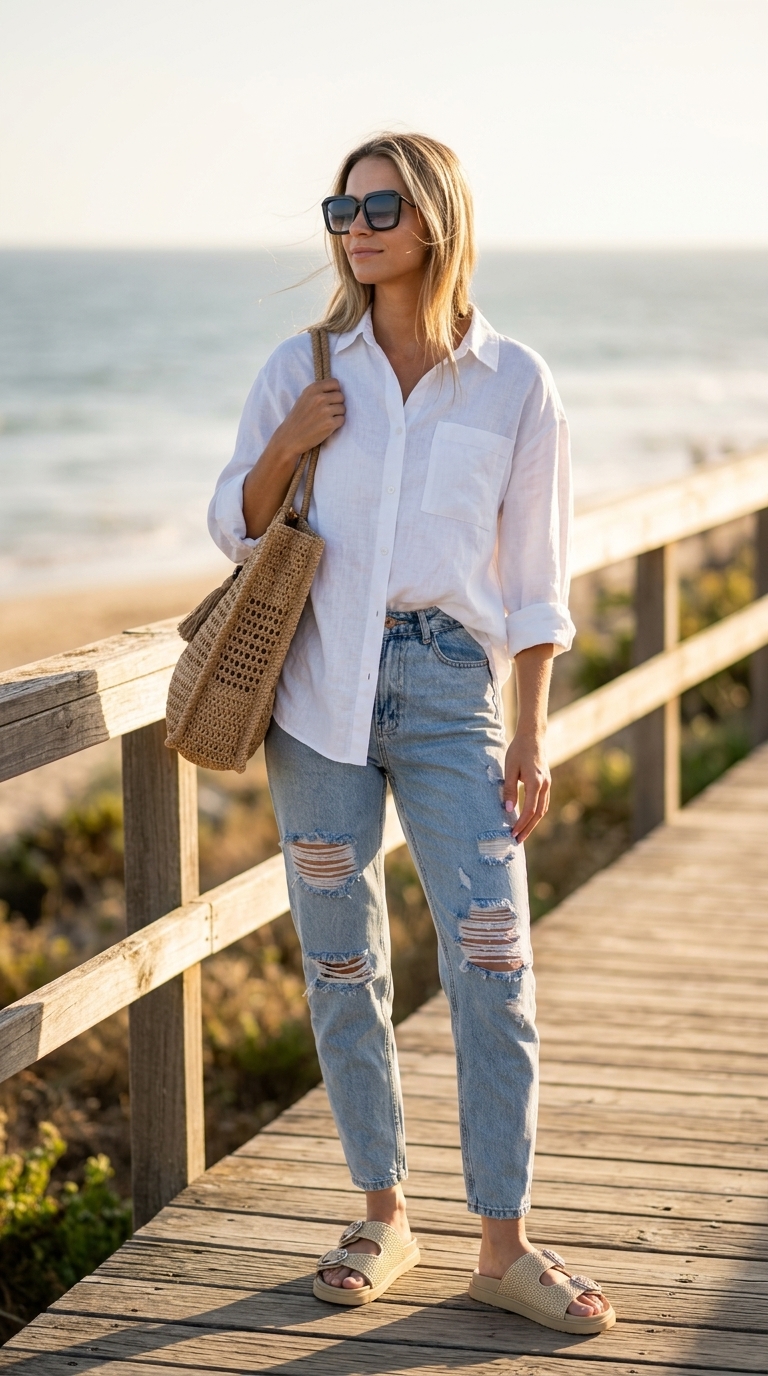 Літній образ з рваними джинсами 2026: блакитний денім, біла сорочка, плетена сумка, шльопанці.